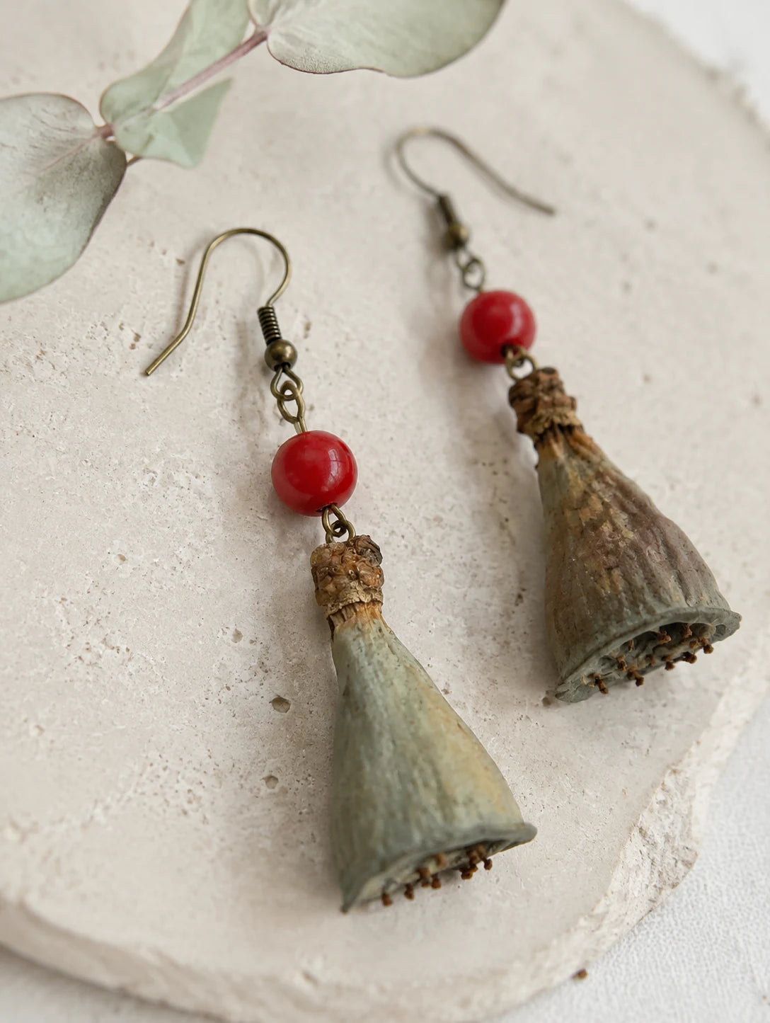 Seed-Pod and Red Bead Earrings — detail view