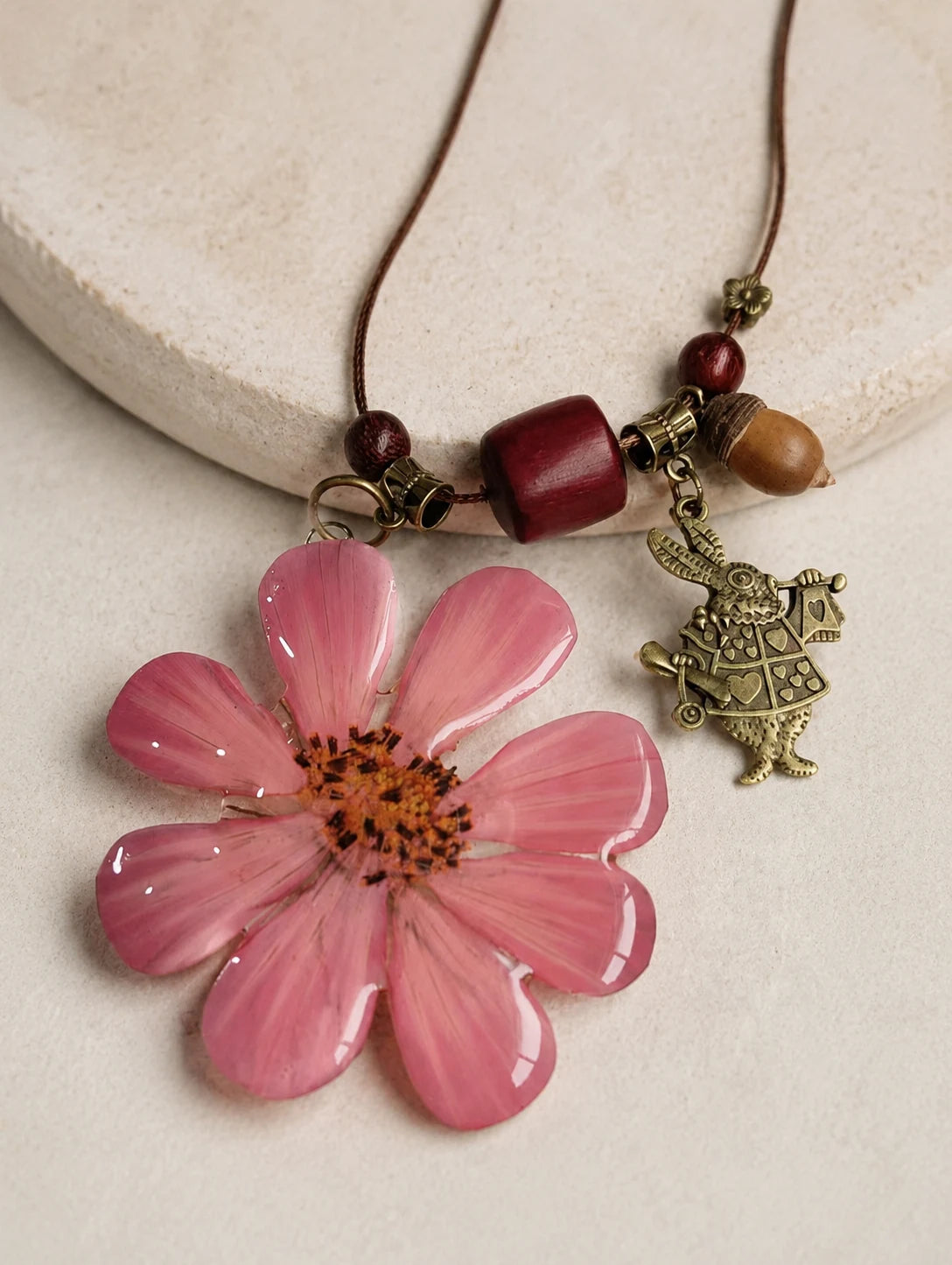 Pink Petal Pendant Necklace — close detail view