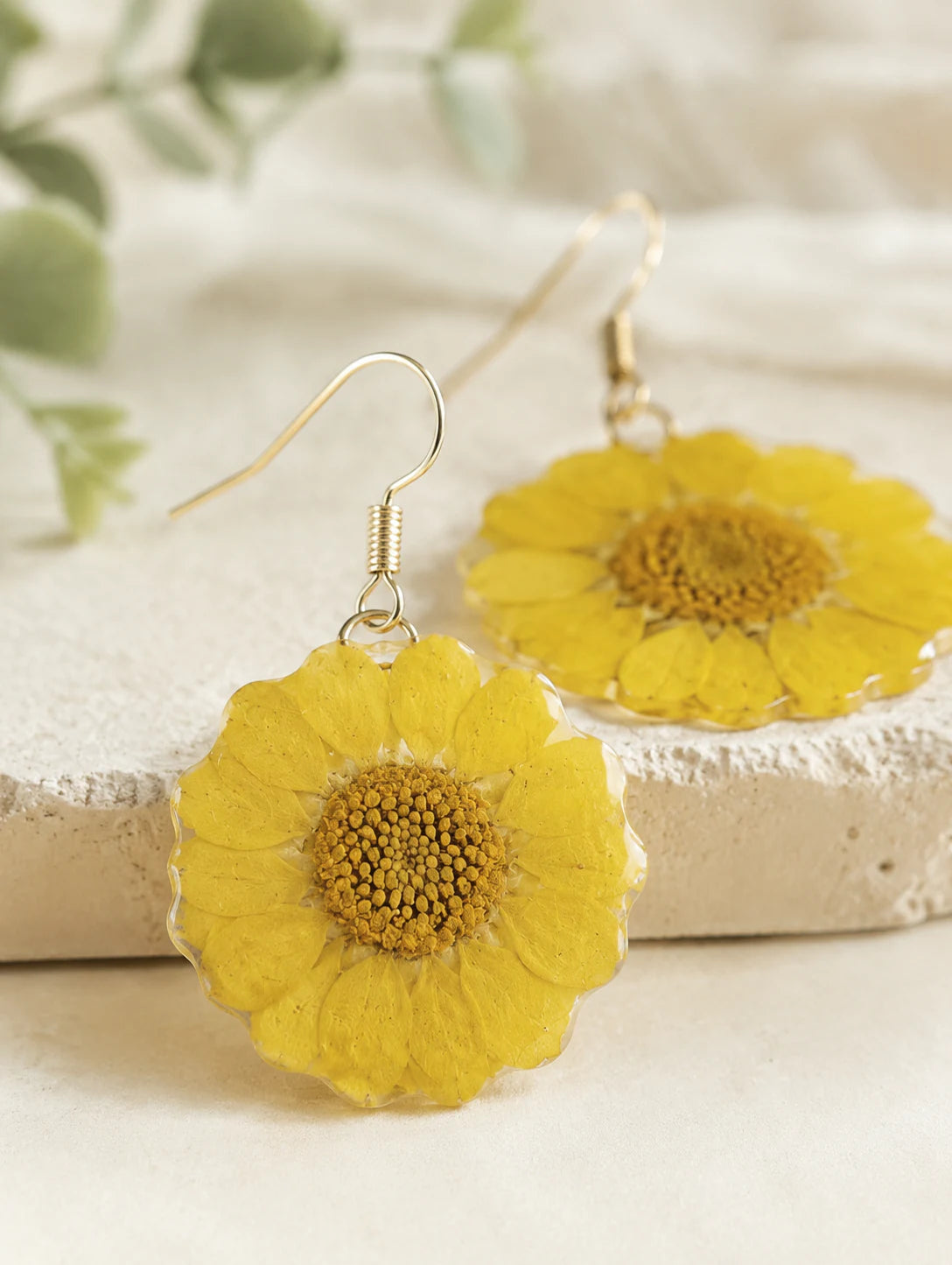 Yellow Round-Leaf Petal Earrings — detail view