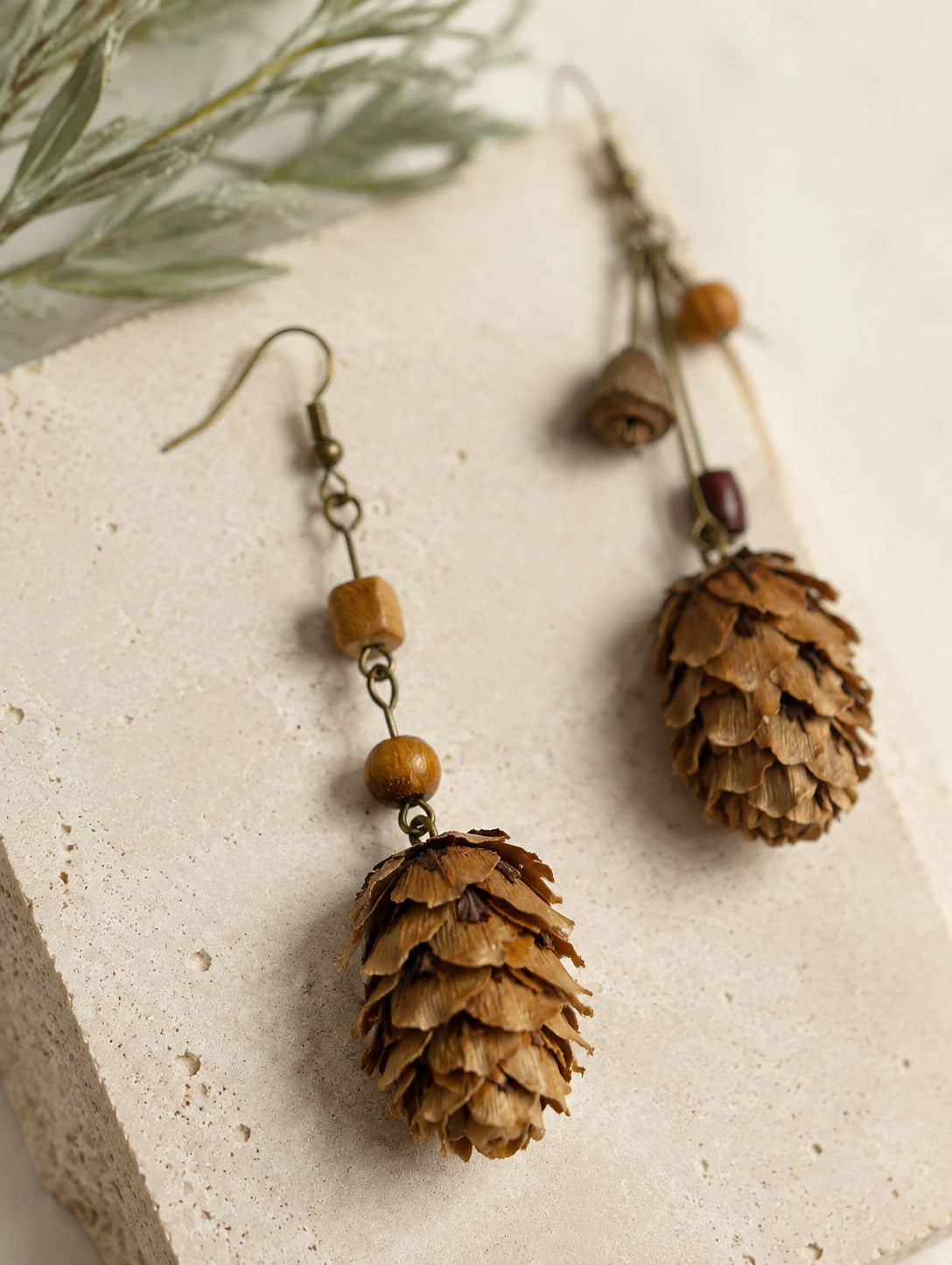 Asymmetrical Woodland Cone Earrings — detail view