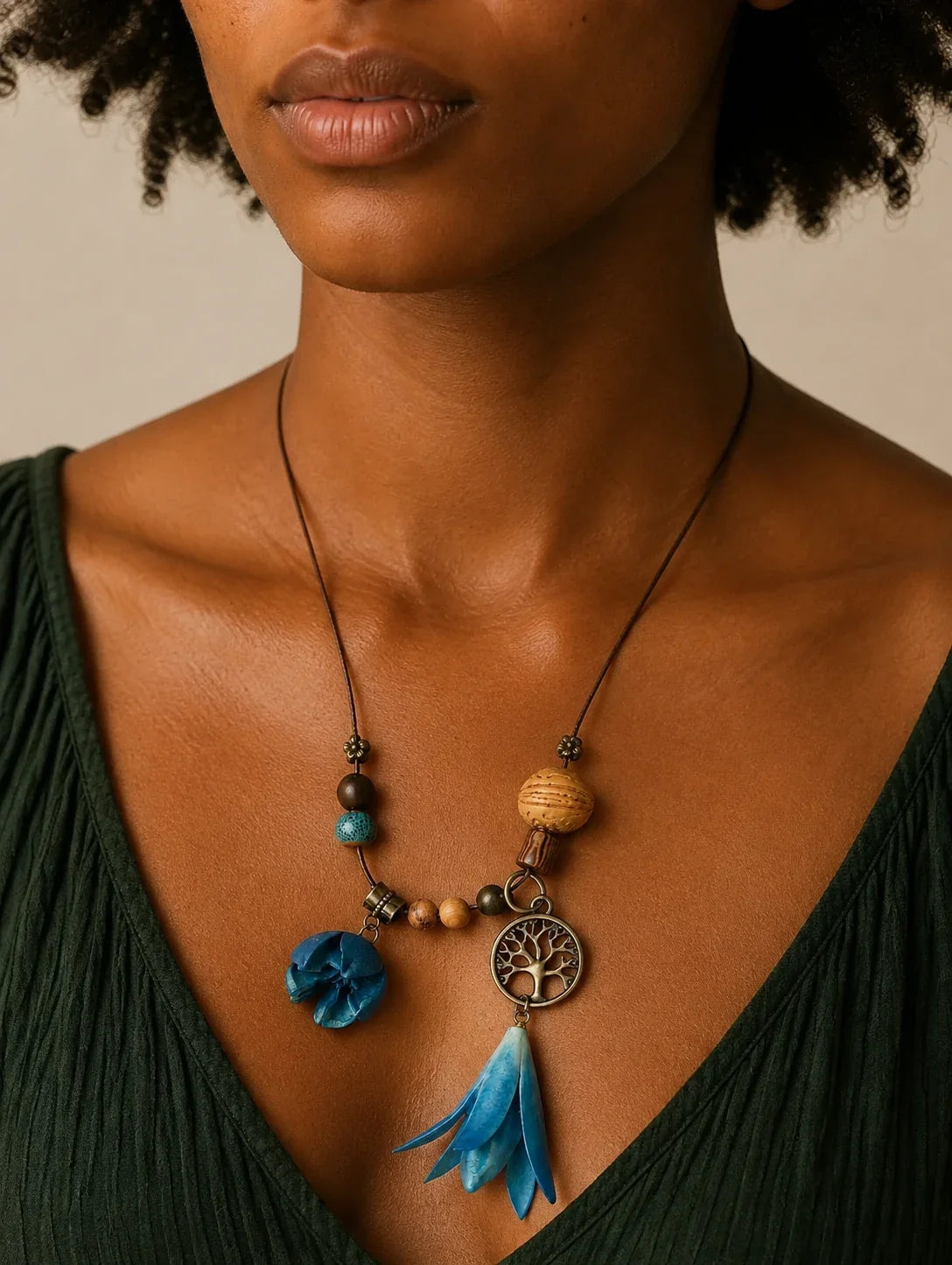 Editorial model styling the Blue Bell Petal Necklace
