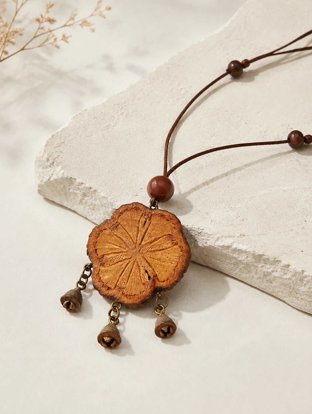 Carved Wood Tassel Necklace — second product angle