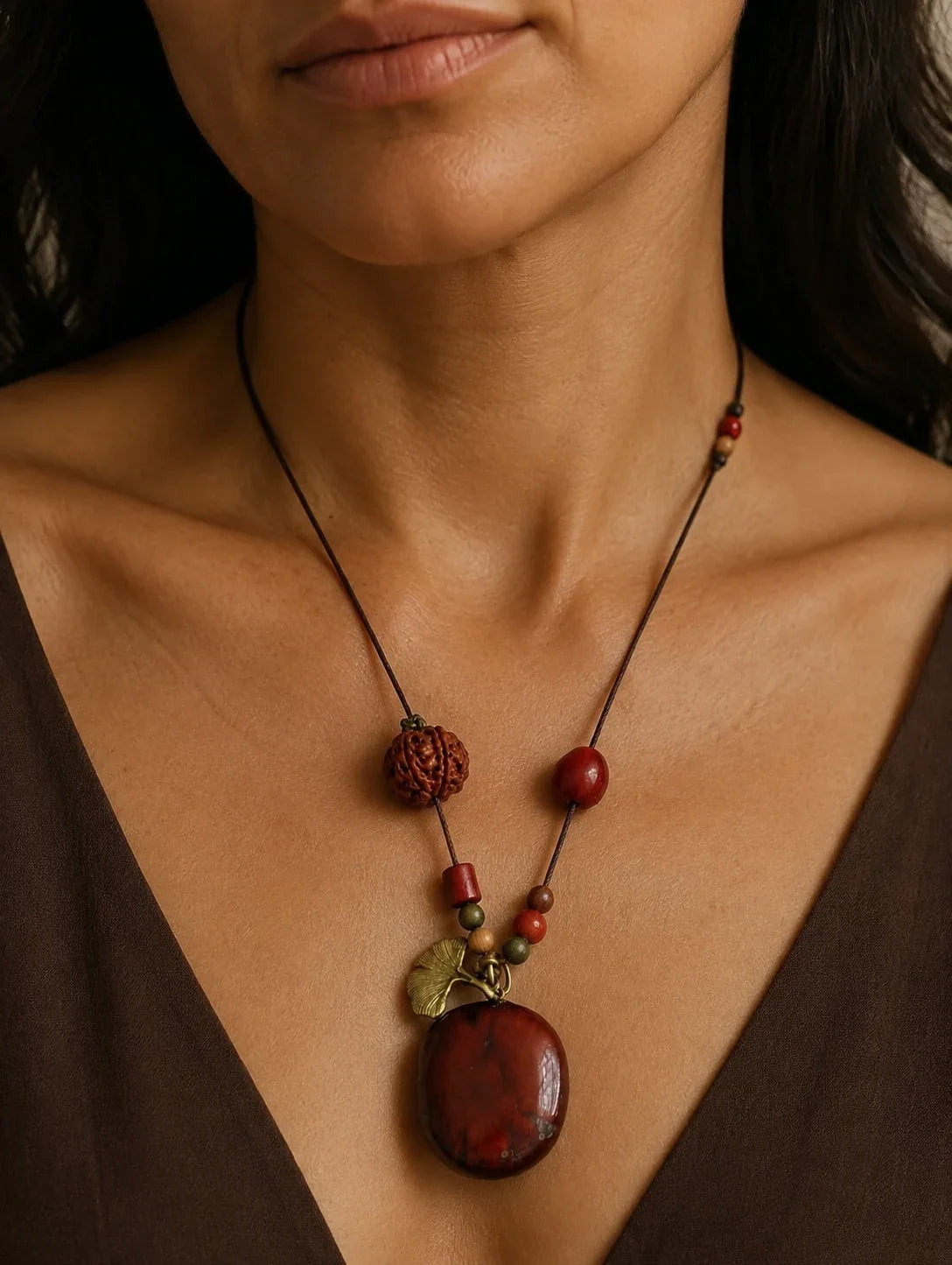 Editorial model styling the Deep Red Seed Pendant Necklace