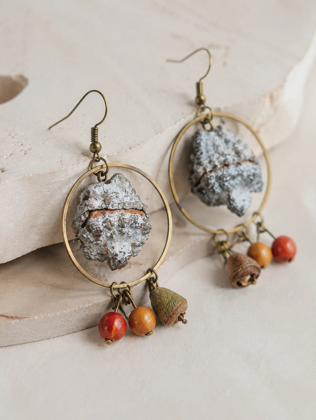 Round Seed-Pod Drop Earrings — detail view