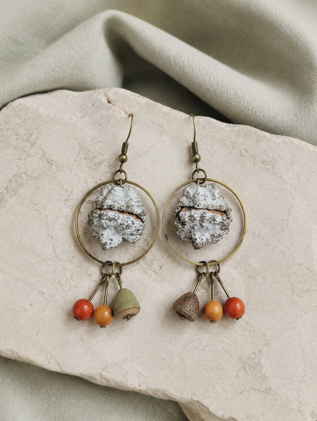 Round Seed-Pod Drop Earrings — styled view
