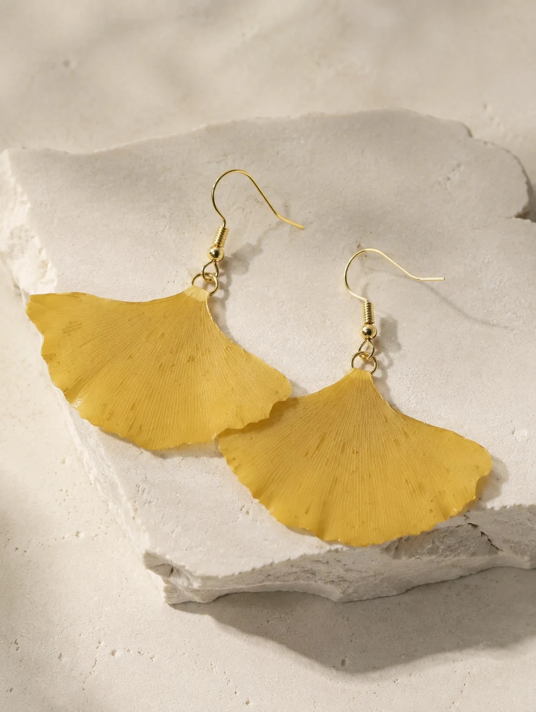Golden Fan Leaf Drop Earrings — second product angle