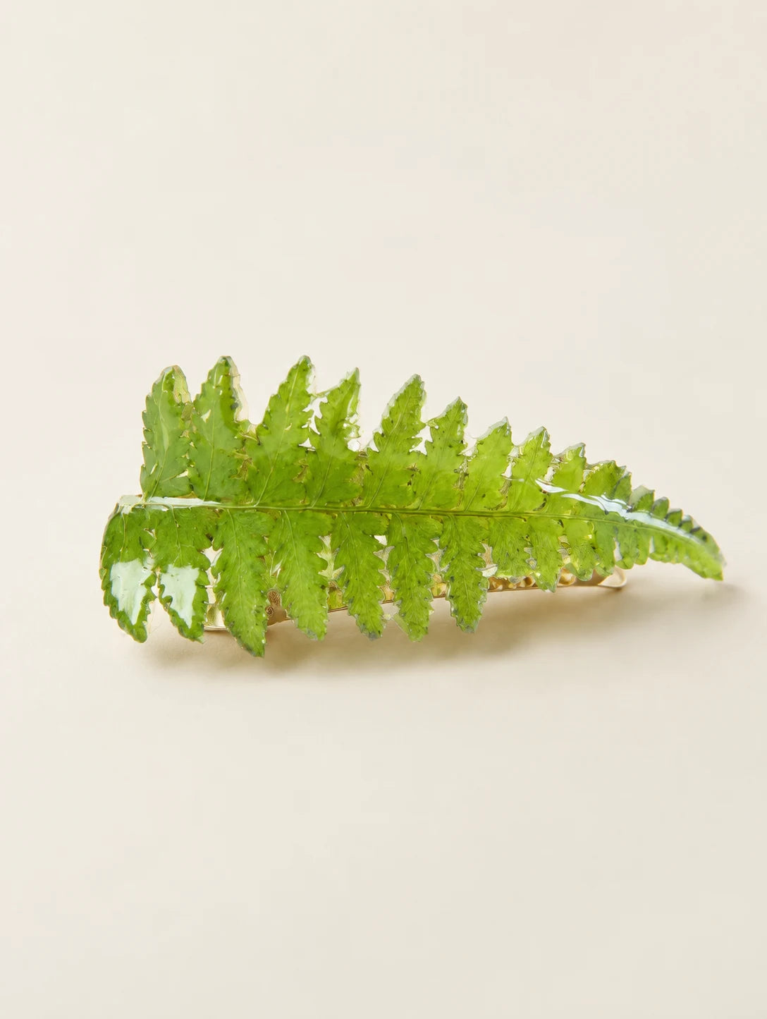 Green Frond Hair Clip — complete product view on a warm ivory background
