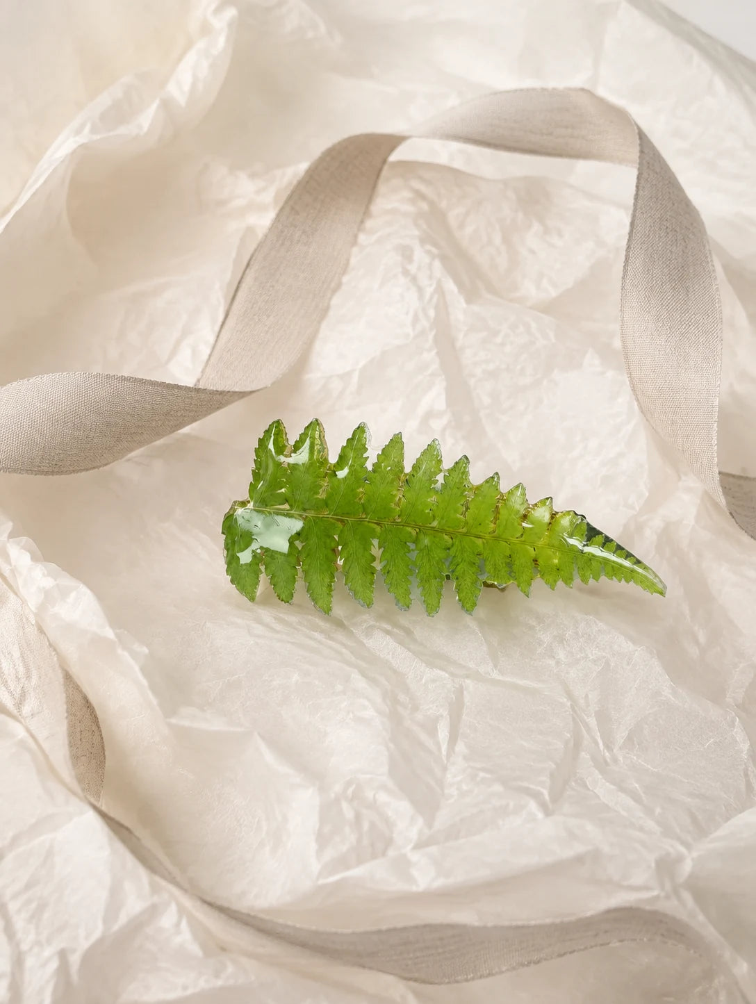 Green Frond Hair Clip — unbranded gift-context still life
