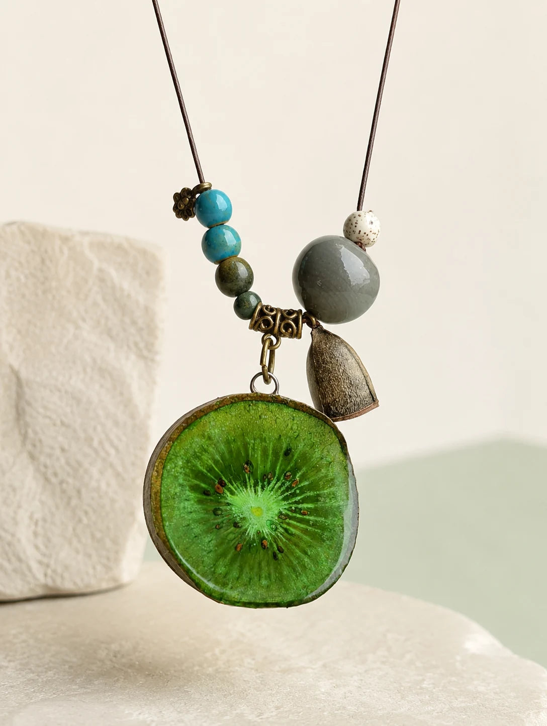 Green Slice and Bead Necklace — close detail view