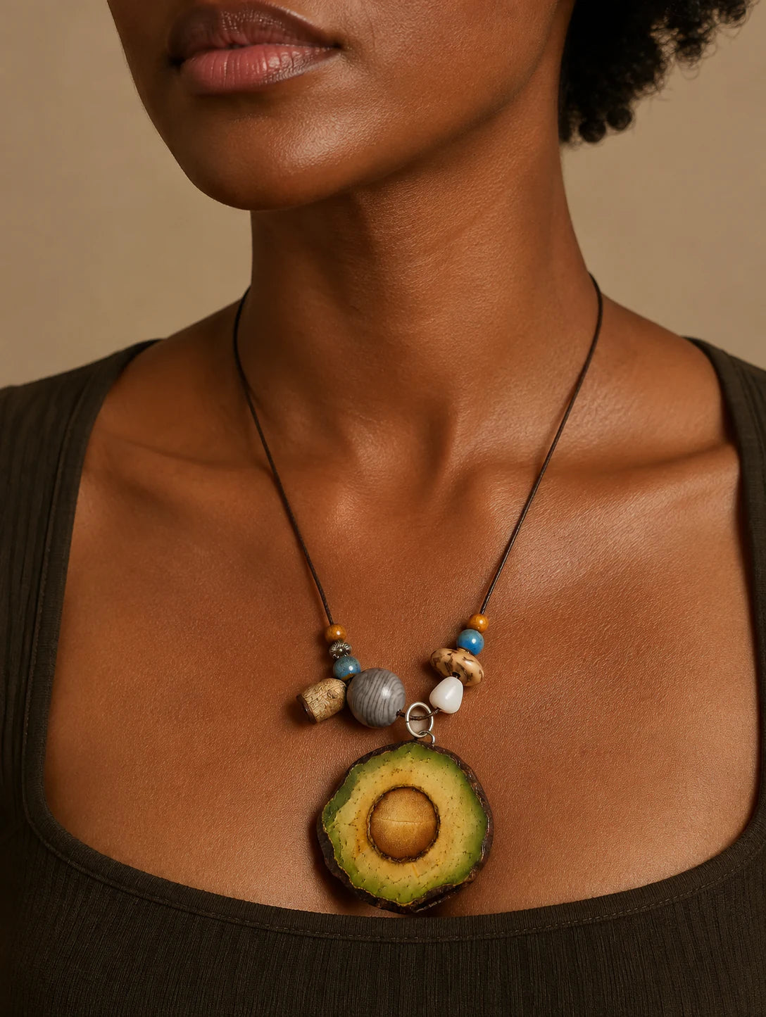 Editorial model styling the Green Slice Pendant Necklace