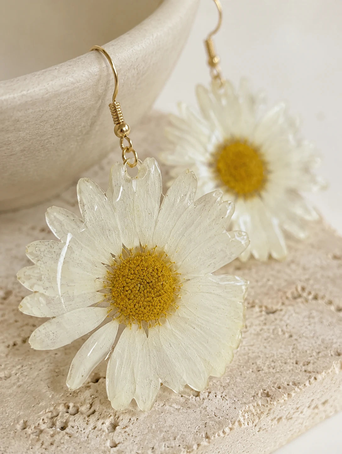 Large White Petal Drop Earrings — detail view