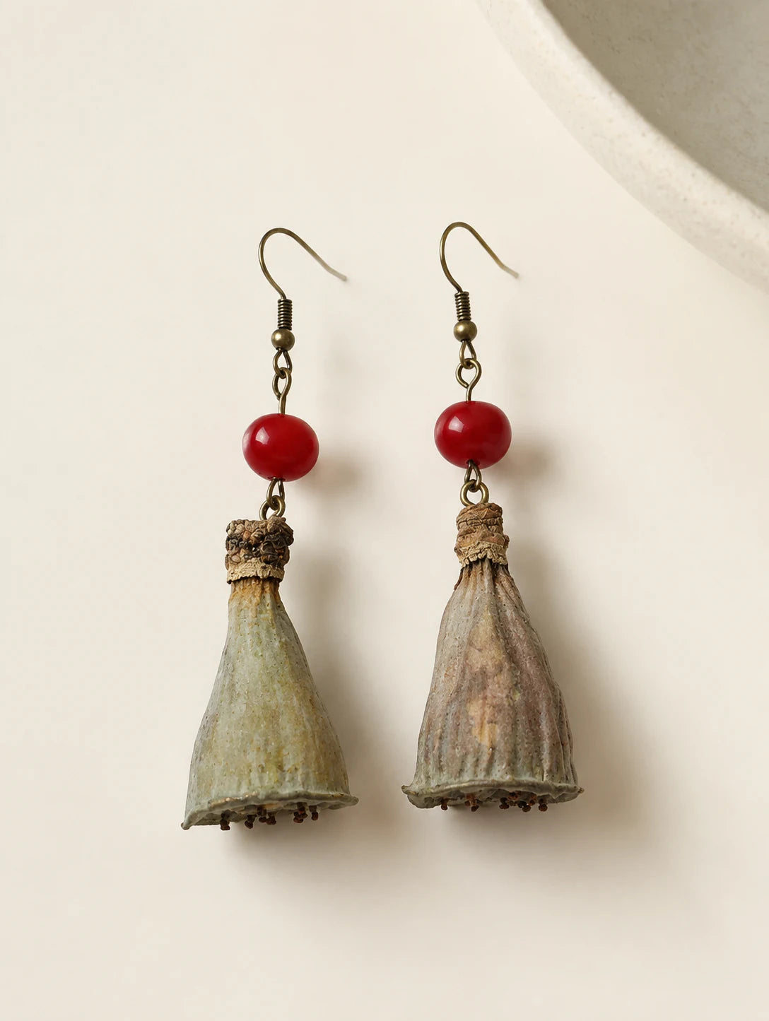 Seed-Pod and Red Bead Earrings — hero view