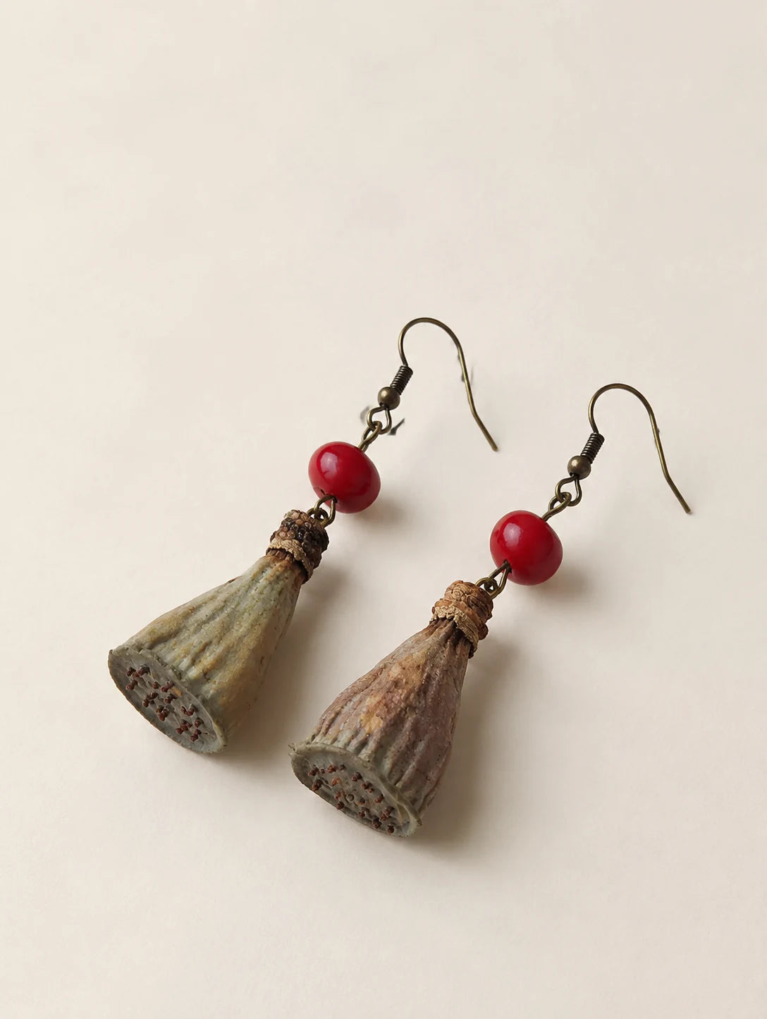 Seed-Pod and Red Bead Earrings — alternate angle