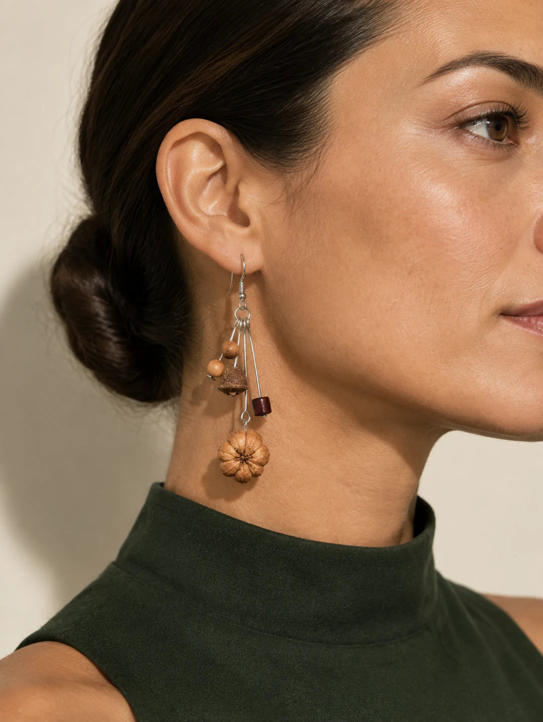 Editorial model styling the Mini Harvest Drop Earrings