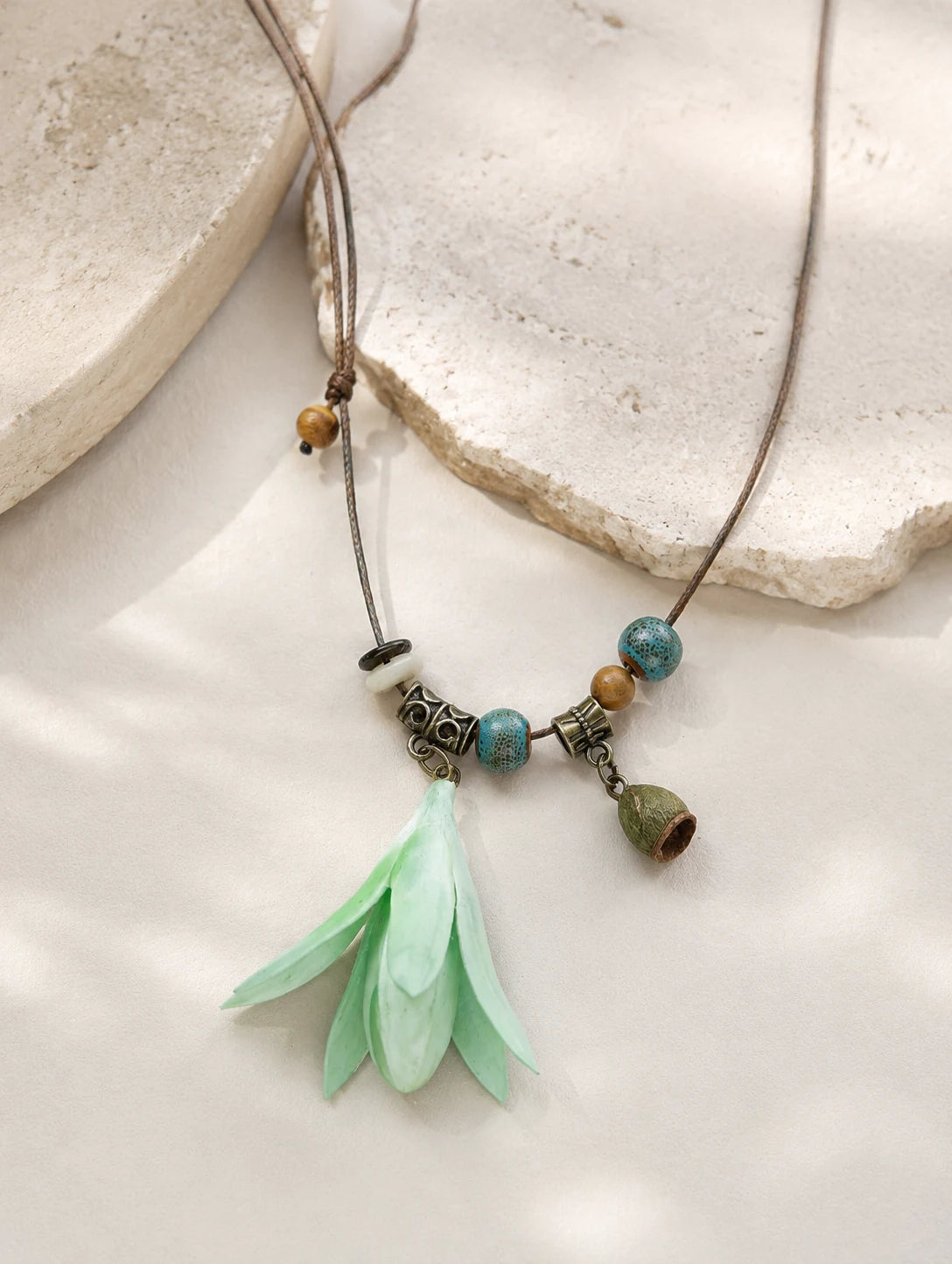 Mint Bell Petal Pendant Necklace — close detail view