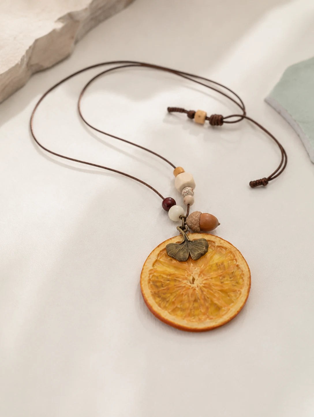 Orange Disc and Acorn Necklace — second product angle