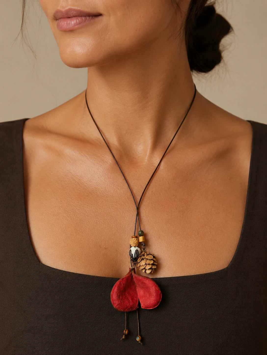 Editorial model styling the Red Heart-Shaped Pendant Necklace
