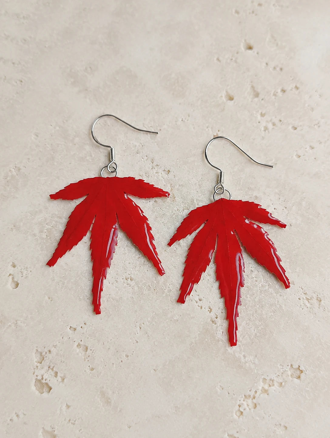 Red Leaf Drop Earrings — detail view
