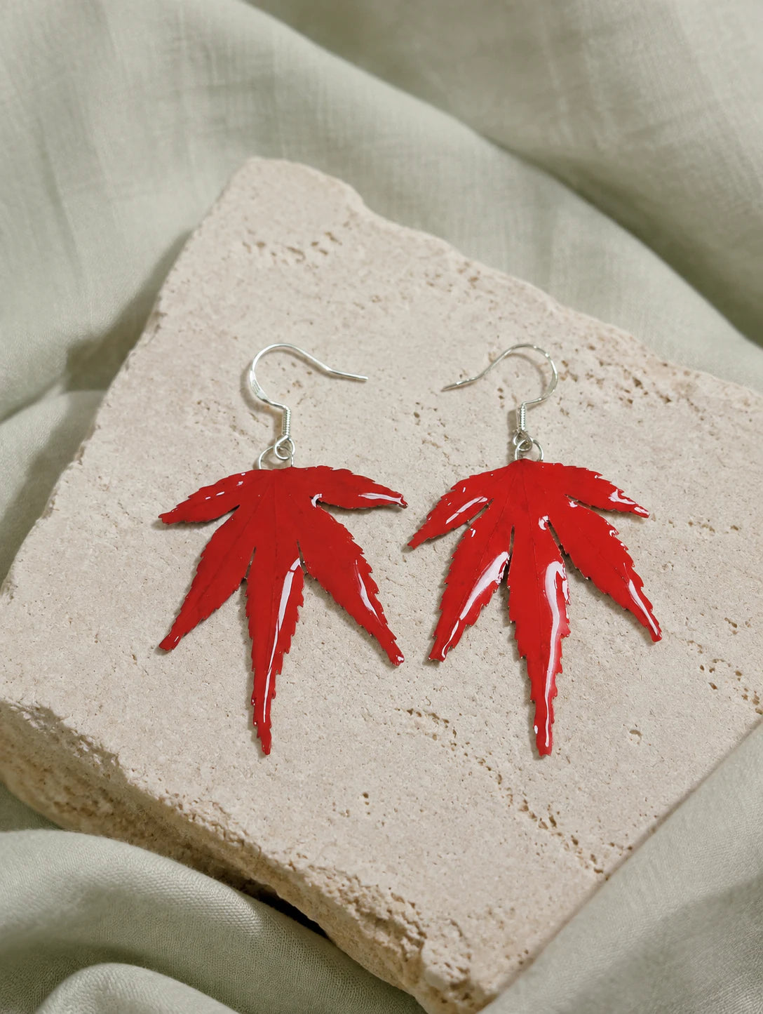 Red Leaf Drop Earrings — styled view