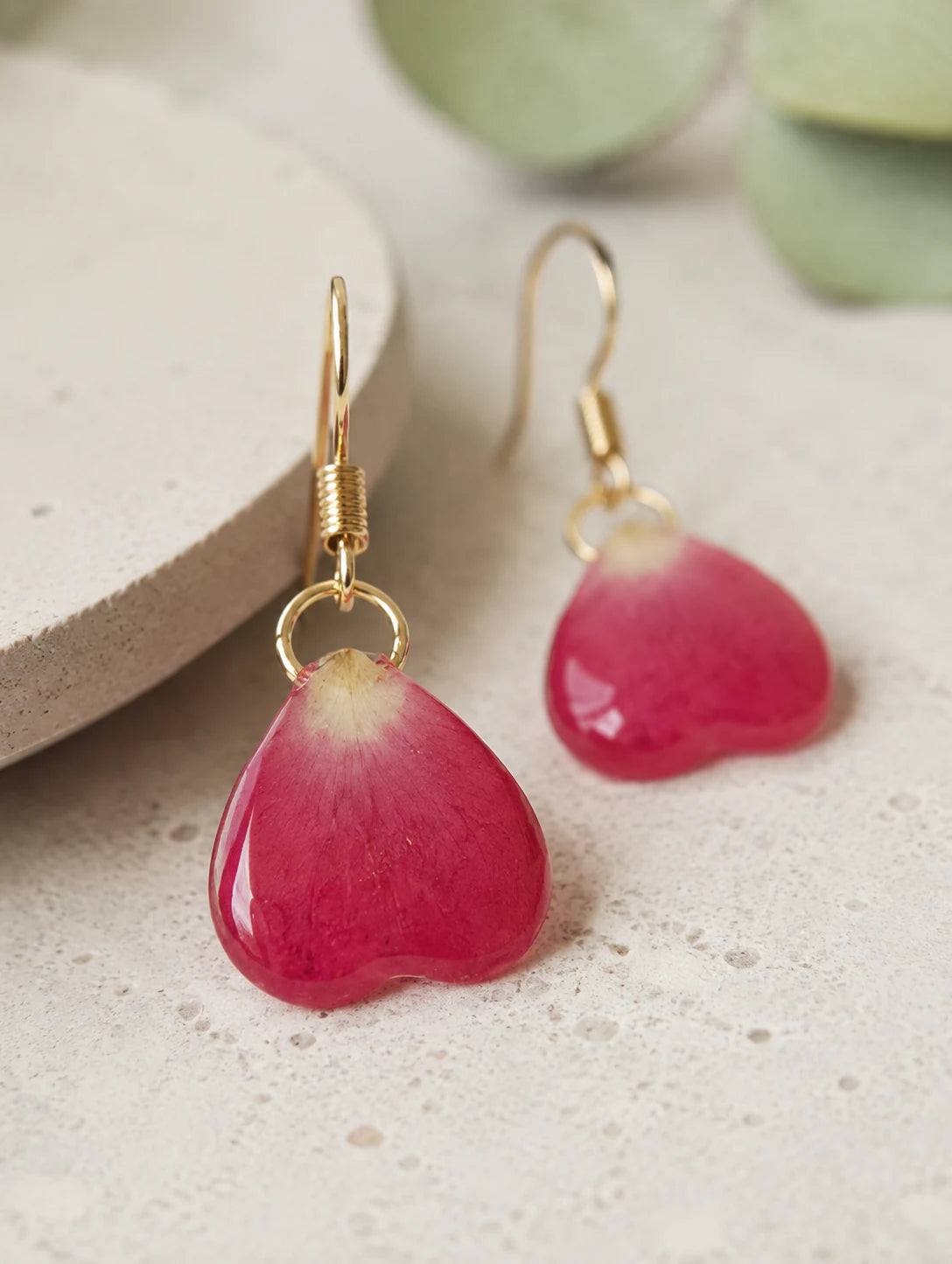 Burgundy Heart Petal Drop Earrings — detail view