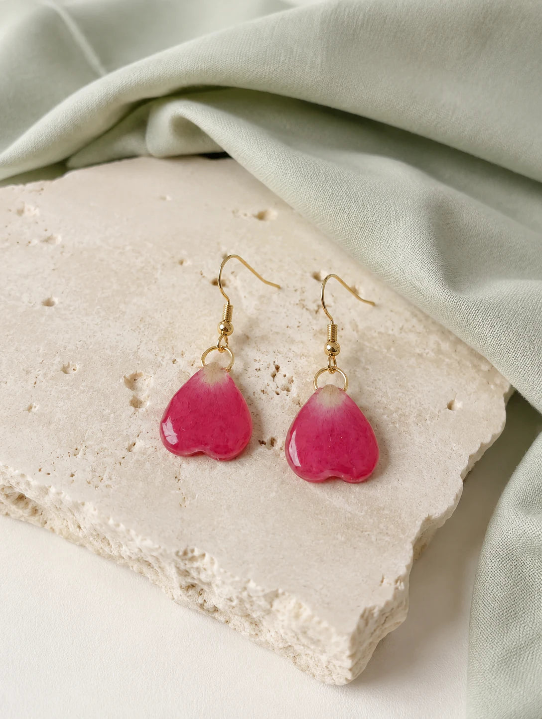 Burgundy Heart Petal Drop Earrings — styled view