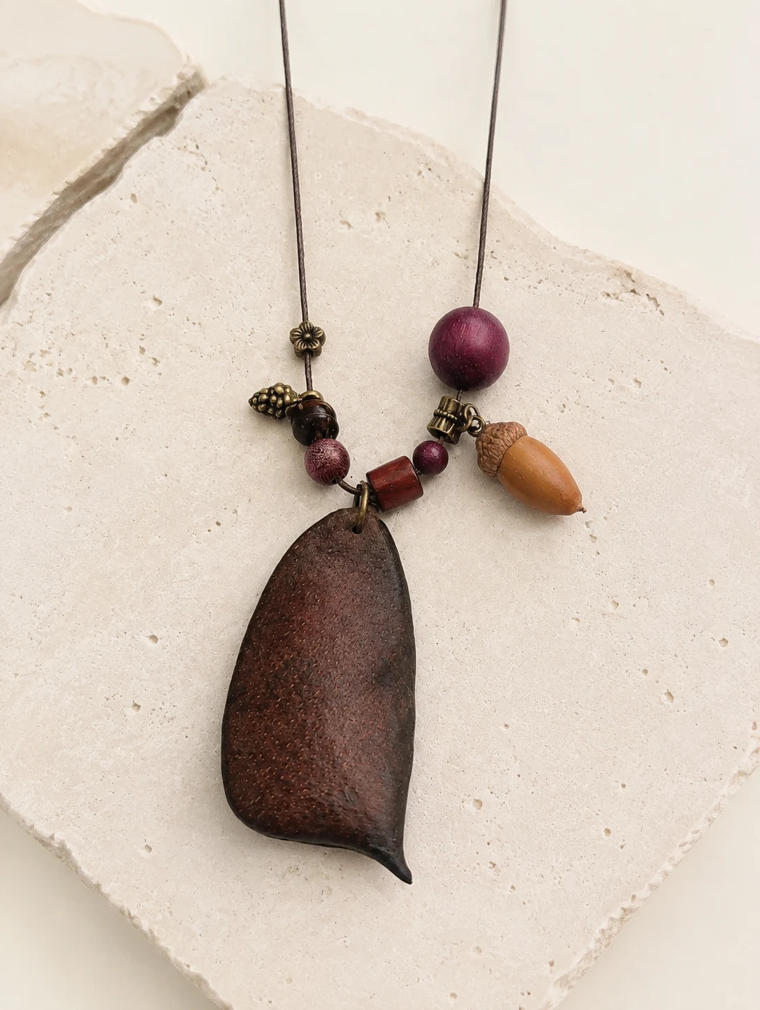 Seed Pod and Acorn Necklace — close detail view