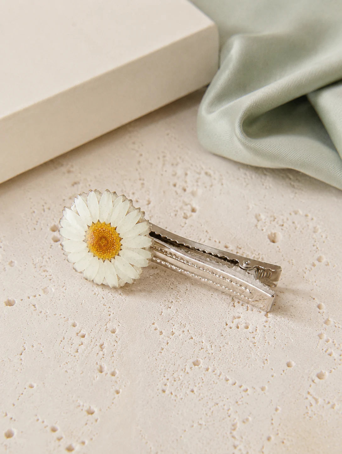 White Petal Duckbill Hair Clip — styled view