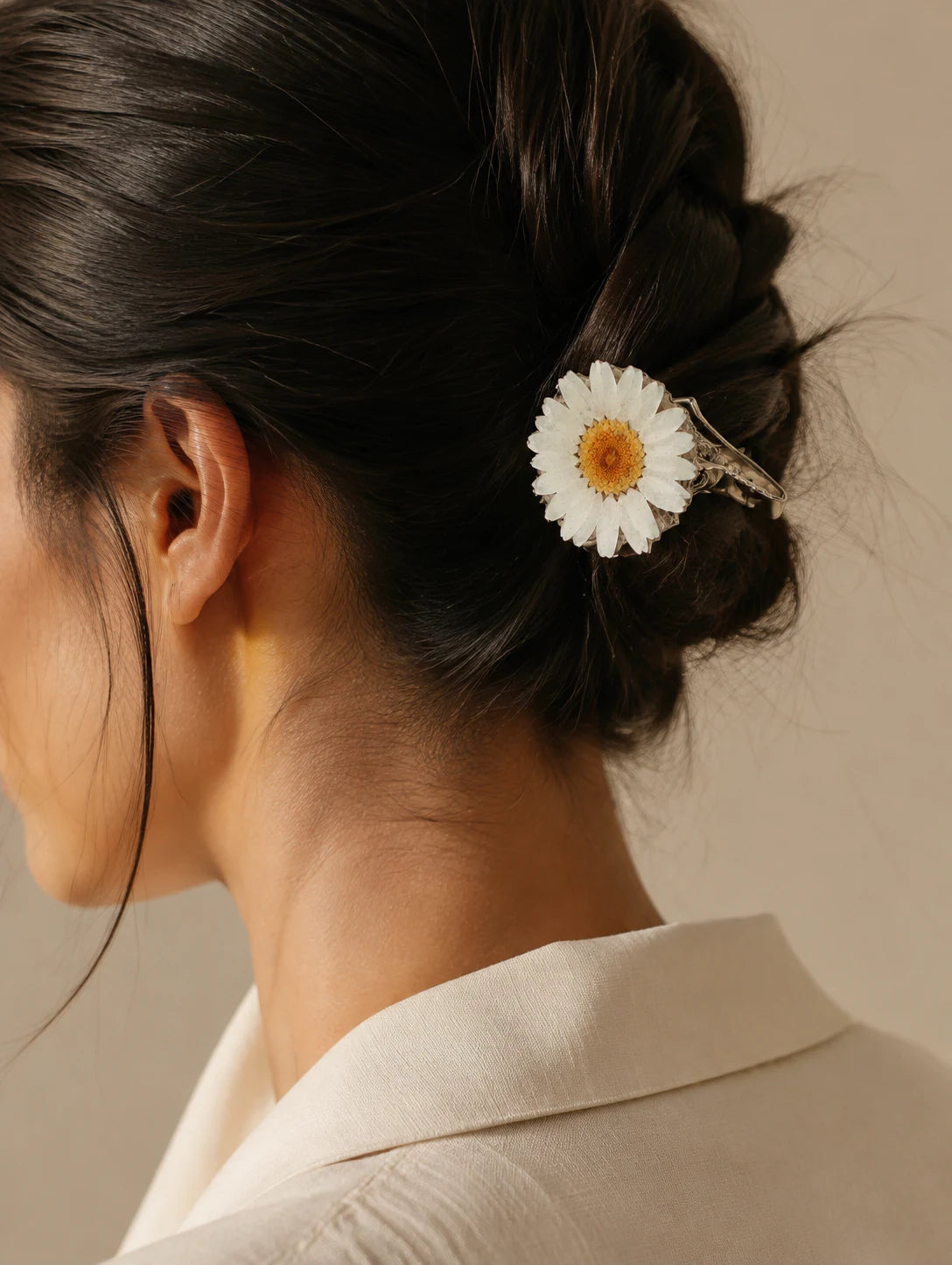 Editorial model styling the White Petal Duckbill Hair Clip