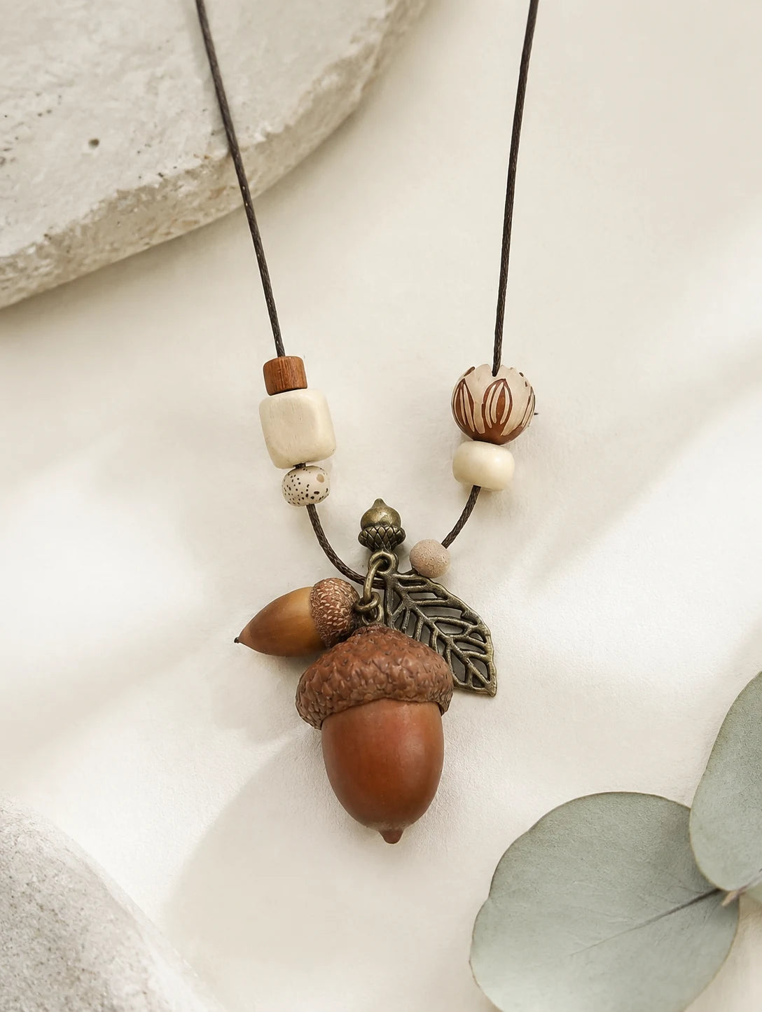 Woodland Acorn Cluster Necklace — close detail view