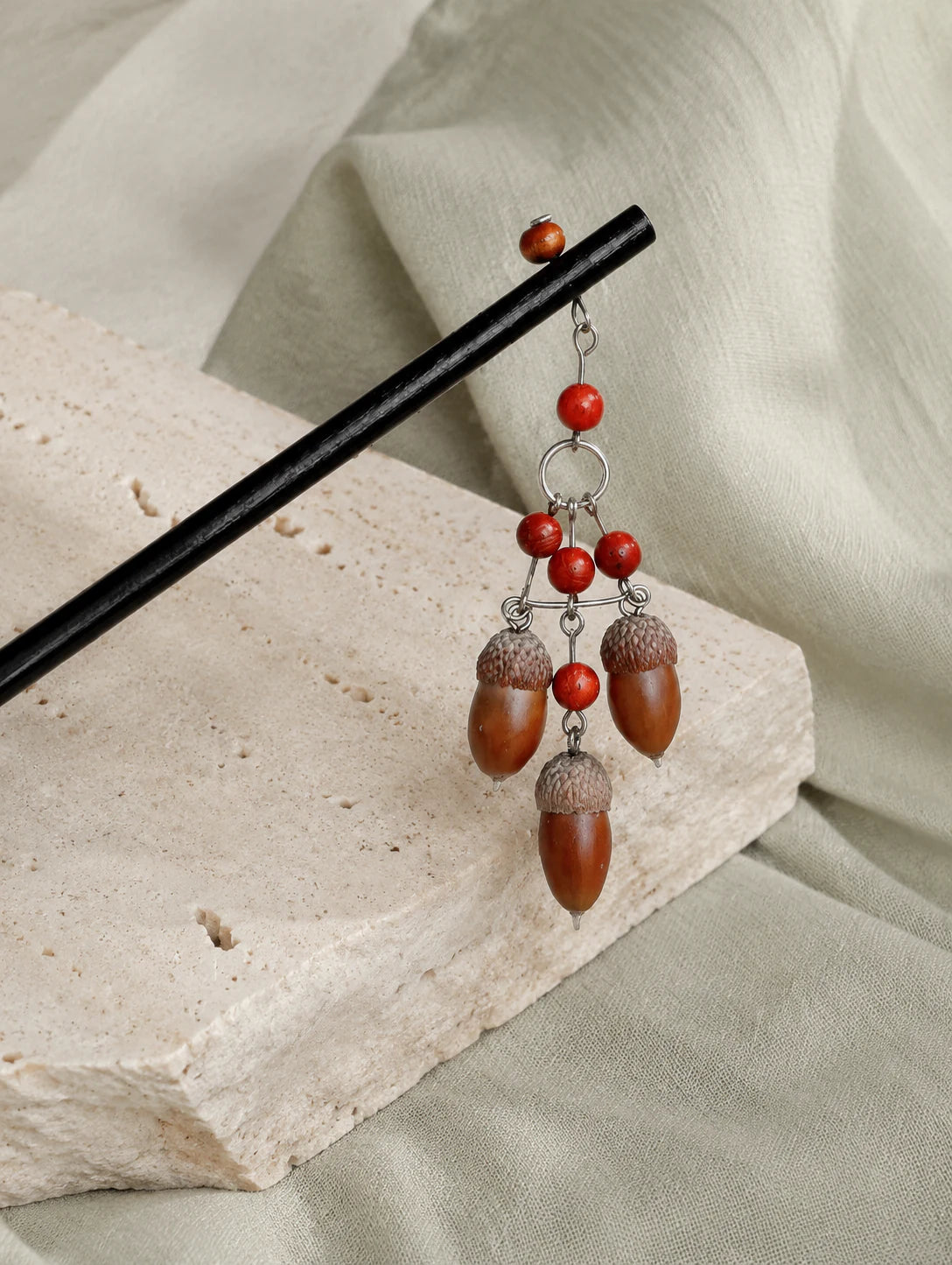 Woodland Seed Tassel Hair Stick — styled view