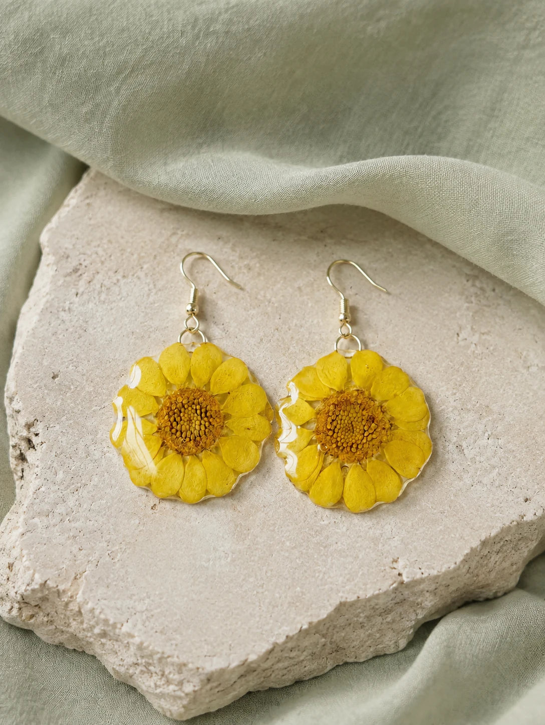 Yellow Round-Leaf Petal Earrings — styled view