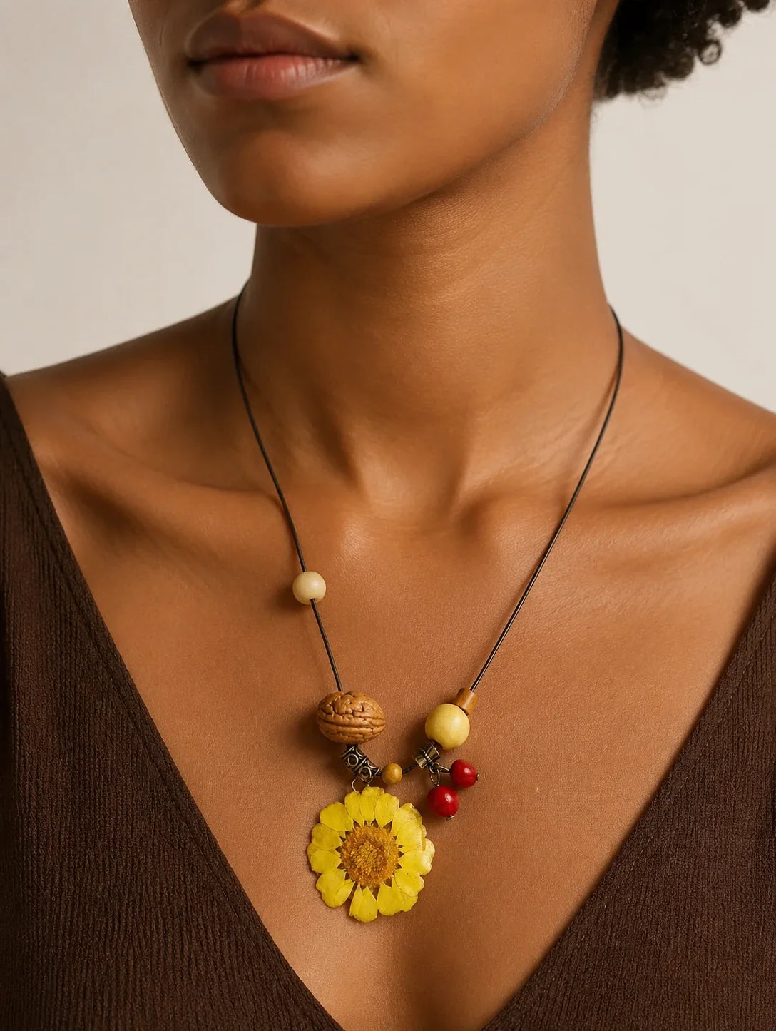 Editorial model styling the Yellow Round Petal Necklace